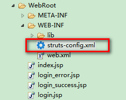 计算机生成了可选文字: ‘公WebRoot卜仑META一INF‘臼WEB一INF今子丐！ib尸今struts一con6g.xmi卜罗欲忠新尸－-才index.jsp才Iogin一rror.jsp团loginjuccessj、p。才Ioginjsp