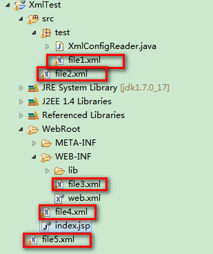 计算机生成了可选文字: ‘启xmll-est‘产src‘毋test卜囚xmlCon石gReaderjava。目JREsystem匕bra卿〔dkl·7·0--17]卜翻JZ〔〔1.4Libraries卜酬ReferencedLibraries·乡webRoot卜它，META一INF‘乡wEB一INF卜公，1ib对web·xml熏乒