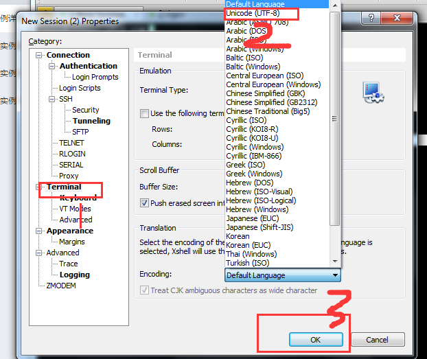 点击Terminal（终端）Encoding改为UTF-8  点OK