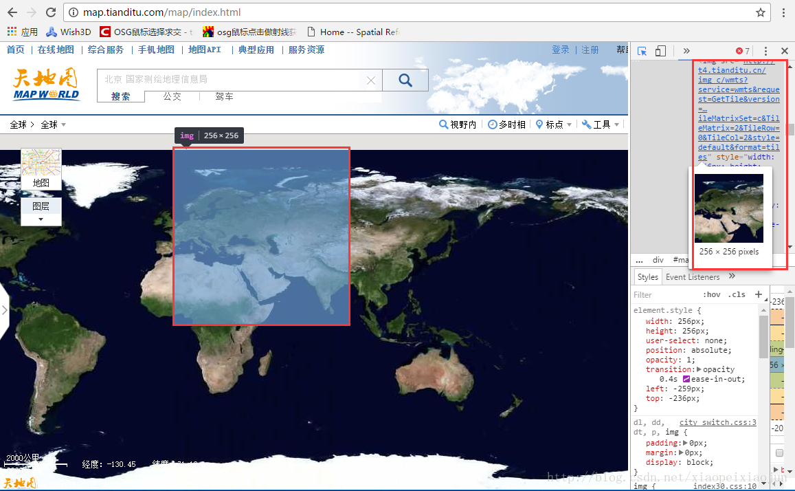 天地图网站，经纬度投影,F12隐藏了遮罩，选中了一张瓦片的效果