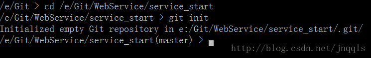计算机生成了可选文字:/e/Git>cd/e/Git/Webservice/servicestart/e/Git/Webservice/service_start>gitinitInitializedemPtyGitrepositoryine:/Git/webservice/service_start/.git//e/Git/Webservice/service_start(master)>.