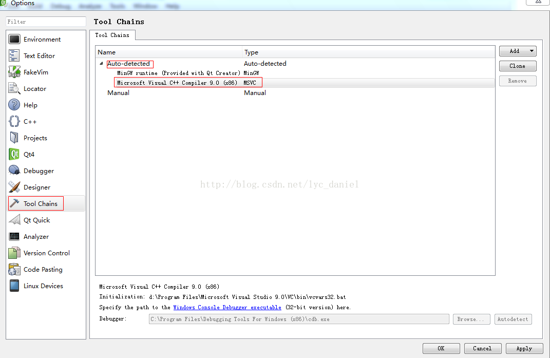 QtCreator:没有CDB二进制档可用为二进制格式在'x86-windows-msvc2008 