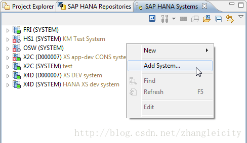 计算机生成了可选文字: 已projectExplorer呀弘p日ANARepositories彭a认p日ANASystems口口叶鸟FRI(SYsTEM)·昆HSI（贸盯〔M)KM:estSystem卜易OSW（岁盯〔M)卜昆XZc(D0000o7)XSapp一devc0Ns守。卜鸟粗c（驯盯〔M)te。卜岛X4o(0000007)xso曰卿stem卜属X4D(SYSTEM)HANAxsdev守蛇em回哑已四后耸，NewAddSystem…帆Find乏Ref『eshEdit