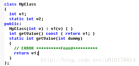 计算机生成了可选文字:class心Cla5S(intul;staticintuZ;public:阳Class(intU):Ul(U)(}intgetUalue()const{returnul;}staticintgetUalue(intdu。呵）(/／〔RROR…，,,,,,,Found,,,,，签签谷签书ret。rnul;!}};