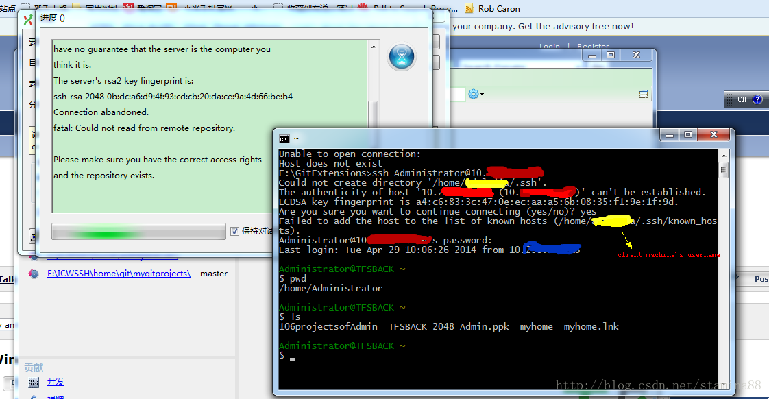 have no guarantee that the server is the computer you think it is.The server's rsa2 key fingerprint is:...connnentciton abandoned.fatal:Could not read from remote repository.Please make sure you have the correct acccess rights and the repository exists.服务器的主机密钥缓未存在于注册表中。你要相信这个主机密钥，然后再试一次吗?