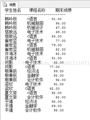 SqlServer书上：使用游标输出学生姓名、选修课程名称和期末考试成绩