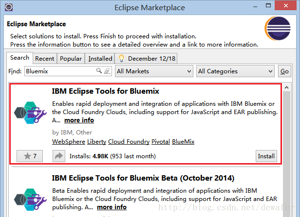 图 10、Eclipse Marketplace中的IBM EclipseTools for Bluemix