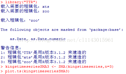 計算機生成了可選文字: >library("TTR")載入需要的程輯包：載入需要的程輯包：Xt3200載入程輯包：Thefollowlnqobjec七5arema3kedfrom、packaqe:ba3e戶：a3。Da七e,a3。Da七e。numerlc警告信．宮，:1：程輯包，TTR’是用R版本3.1.2來建造的2：程輯包，xt擴是用R版本3.1.2來建造的3：程輯包，zoo’是用R版本3.1.2來建造的>klnq3tirne3e二le5s瓦互3＜一S瓦瓦（klnq3tl幾e3erle3,n=3)>plot.t3(klnq3tlmese二le35瓦A3)