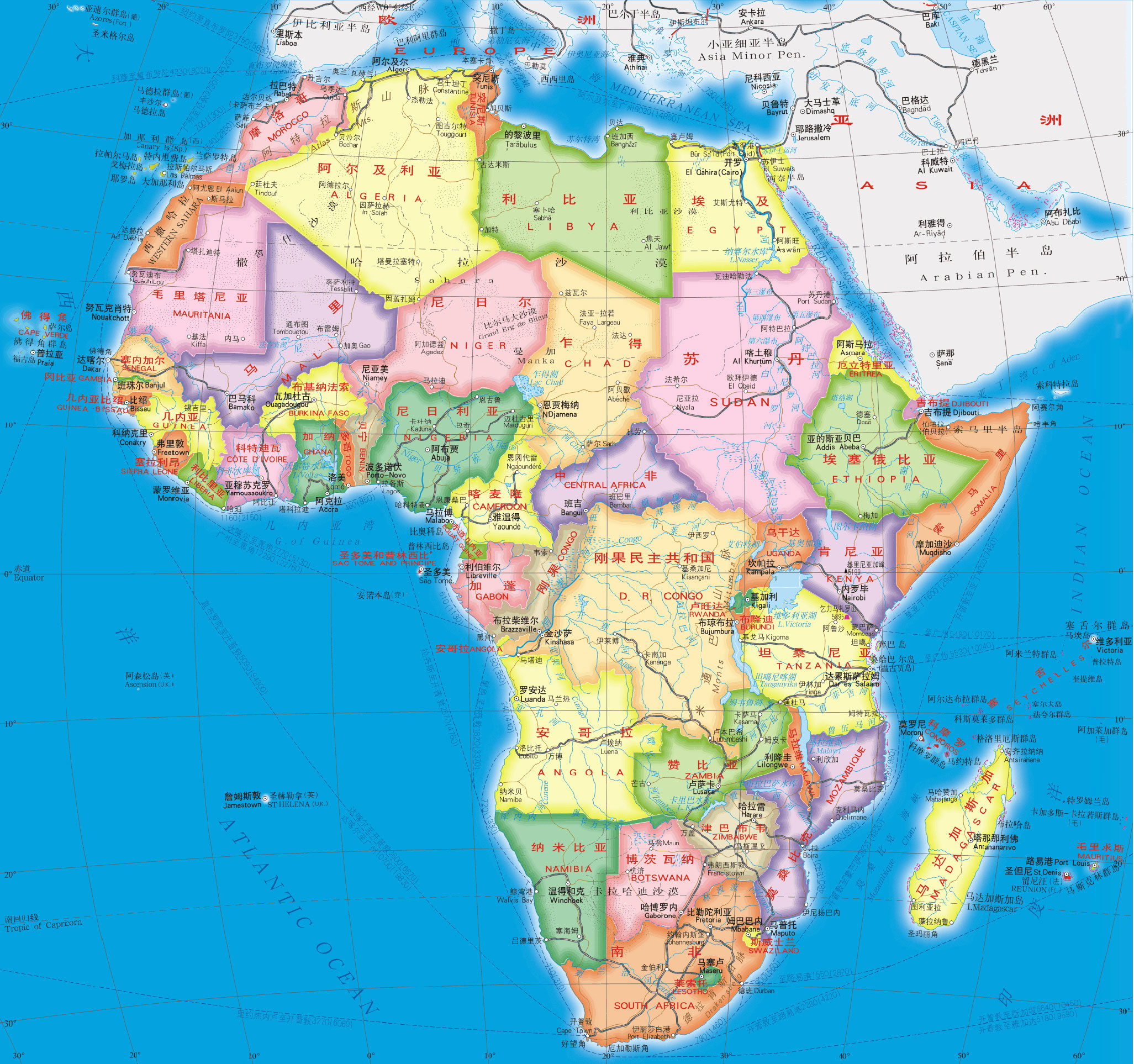 非洲地图中文版高清晰图片