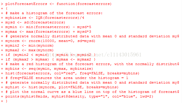 计算机生成了可选文字: >plo七FarecastError3＜一func七ion(forecasterror3)+{＋奔rnakeahlstoqrarnoftheforeca3七error3:+mybin31ze＜一IQR(forecasterrors)／性+my3d＜一sd(forecasterror3)+m飞皿In＜一mln(forecasterror3）一mysd*5+my几ax＜一max(forecasterrors)+mysd*3＋幸qeneratenormallydls七rlbu七edda七awi七hmean0ands七andarddevlationIny$+mynarln＜一rnorm(10000，皿ean=O,sd硕y3d)+mymlnZ＜一min(mynorm》+my皿axZ＜一nax(mynorm)+if(mymlnZ<mymln){mymln＜一myminZ}+If(m生皿axZ>m飞皿ax)｛皿玉皿ax＜一mynlaxZ}＋奔rnakearedhlstogramoftheforeca3七error3,wl七hthenormallydlstrlbut$+mybin3＜一seq(mymin,mymax,myblnsize)+h13t(fa:ecasterrors,col=nredn,freq=FALSE,break3=Inyblns)，奔freq=F及工SEen3urestheareaunder七hehis七oqr视＝1＋希qeneratenormallydis七rlbu七edda七awi七hmean0ands七andarddeviationIny$+myhlst＜一hlst(mynorm,plo七＝FALSE,break3=mybin3)，奔plotthenormalcurvea3abluel工neon七opof七heh13七oqr柳offoreca3t车+palnt3(myhlst＄现主ds,myhist$denslty，七yPe'"1",col="blue",lwd=2)+}