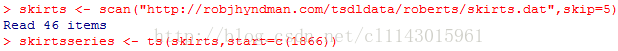 計算機生成了可選文字: >3klrt3＜一scan(.http://robjhynd九an.com／七3dldata/raberts/3klrt3.dat",3klp=5)Re己d性6lte幾3>3klrt33erie3＜一t3(3kirt3,3tart,c(1866))