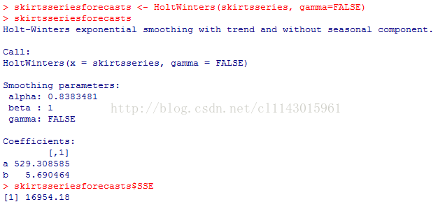 计算机生成了可选文字: 3klrts3erle3foreca3ts＜一Hol七Winte二3(3k工rt33e二ie3,ga刀”毛a=FALSE)SklltSSellesf0工eC己StS>>Holt一WintersexponentialSlnaa七hlnqwl七htrendandwl七hou七3ea3onalcomponen七．Cdll:Hol七Winters(x=sk王r七53erle5,q己nlt己＝F几工SE)Smoo七hingparalne七e了s:alpha:0.8383任8几betd:1qa刀口厄a:FA乙SECoeff1Clen七吕：[,1]d529。308585bs。690任6任>3ki了七33e二工e3fo工ec己吕七5场55已11]1695弓．18