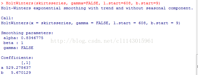 计算机生成了可选文字: >HoltWinte工SHOlt一Winte工3(skirt33erie3qanu毛a=FALSE,1.3ta二t=608b.3ta二t=9)exponen七王alsrnoo七hinqwl七h七rendandw工七hou七3ea昌analcalnponen七．Cdll:HaltWinters(x＝昌klrt55erles,qan立皿a=FALSE,1.3七ar七＝608,b.3tart=9)smao七hlnqparalne七er3:alpha:0.83性6775bet己：工qa刃山卫a:FA毛SECOeffiClentS:[,11d529。278637bs。670129