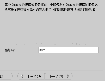 计算机生成了可选文字: 每个Oracle数据库或服务都有一个服务名。Oracle数据库的服务名通常是全局数据库名。请输入要访问的数据库或其他服务的服务名。服务名：Com上一步但）下一步（哟