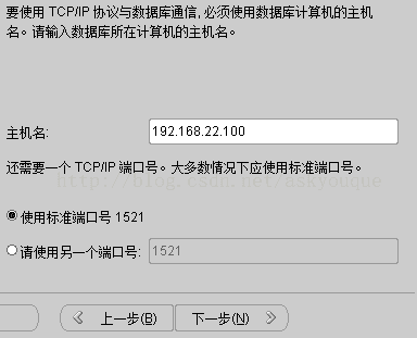 计算机生成了可选文字: 要使用TCPllP协议与数据库通信．必须使用数据库计算机的主机名。请输入数据库所在计算机的主机名。主机名19216922100还需要一个TCPllP端口号。大多数情况下应使用标准端口号。.:.:．使用标准端口号1521O请使用另一个端口号：1521名上一步但）下一步（叻乡．}