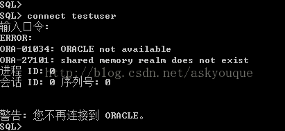 计算机生成了可选文字: SQL>SQL>connecttestuser输入口令：FRROR:OR自一日1日34:OR自一271日1:ORnCLFsharednotauailable。eno护夕护ealndoesnotexist序列号：。警告：您不再连接到。朋cLESQL>