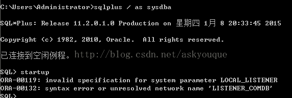 计算机生成了可选文字: ：劝sers喃doinistrator>sqlplus/ass夕sdbaQL冲iu二：Reieas。11.2.0.1.0Product*o。。。星期四i月。2。：33:452.1、op,right<c>1982,2日1日，oracle．自11rightsreserued,已连接到空闲例程。QL>startuPRn一日日119:inualidRn一g日132:s夕ntaxspecificationfors夕stenparaneterLOC自L一LISTENERerrororunresoluednetuorknane'LISTENER一COHDB'