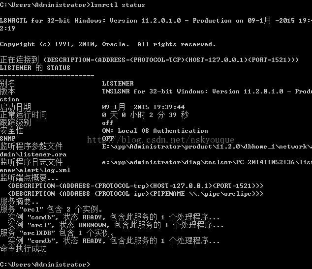 计算机生成了可选文字: C：劝】sers从ndoinistrator>lsnrctlstatusLSHRCTLfo护32一bitUindo"s:Uersion11。2。日。1。2:19日一P,oduction。n日，一i月一2日1519Cop,rlgllt<c>1991,2日10,oracle。自11rlghtsreserved。忠款飞梨集ction<DFSCRIPTIOH=<nDDRFSS=<PROTOCOL=TCP><HOST=127。日。日。1>(PORT=1521>>>ST自TUSLISTFHFRTHSLSNRFor32一bit讨indo讨s:Uersion11。2。日。1。日一Prod日9一1月一2日1519:3,:44日大O小目可2分3，秒offOH:Local09自uthentlc政tlonOFFF：从app铂dninistrato护凡product双1。2。日从dbhome一1场et讨。护k一引叨打期行别日运级性动常踪全启正跟安SHHP监听程序参数文件dmin\listene护。ora监听程序日志文件ene护峨lert\109。xnl监听端点概要…e：凡八pp凡adninistrato护凡diag\tnslsn护从PC一2日1411日52136\115(DFSCRIPTIOH=<ODDRFSS=<PROTOCOL=tcp><HOST=127。日。日。1><PORT=1521>>>(DFSCRIPTIOH=<ODDRFSS=<PROTOCOL=ipc><PIPEHnHE=\＼。从pipe\O护clipc>>>,'0护cl".'coodb"'搽积；门的认门的认口月口月,'orcl"UNRHOUN一’orc1XDB实例一。。命令执行成月员。db"淤R捻梦l功曝磷黝’1粱赘爵包含此服务的1个处理程序．C：劝】sers从ndoinistrator>