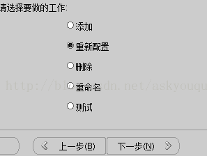 计算机生成了可选文字: 青迭择要做的工作：0添加亘重新配置O删除O重命名Oml］试一｝名上一步但）下一步（叻乡｝