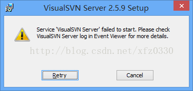计算机生成了可选文字: 创VisualSVNSe四e「25.9Setservice'Visual5VNServer，伪iledtostart.VisualSVNServerl闪inEventViewer份rC己n沈l