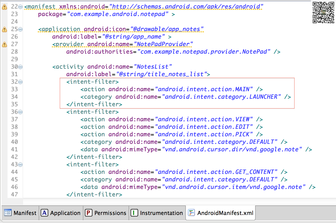 图3-2-3 AndroidManifest.xml指定入口Actvity