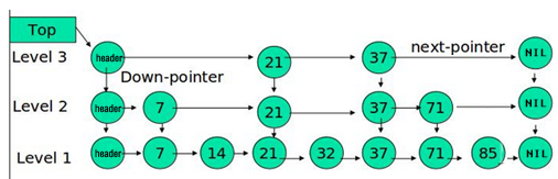 图1-1 Skip list结构图（以7,14,21,32,37,71,85序列为例）