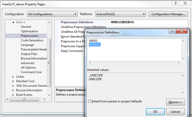 C/C++ -> Preprocessor -> Preprocessor Definitions