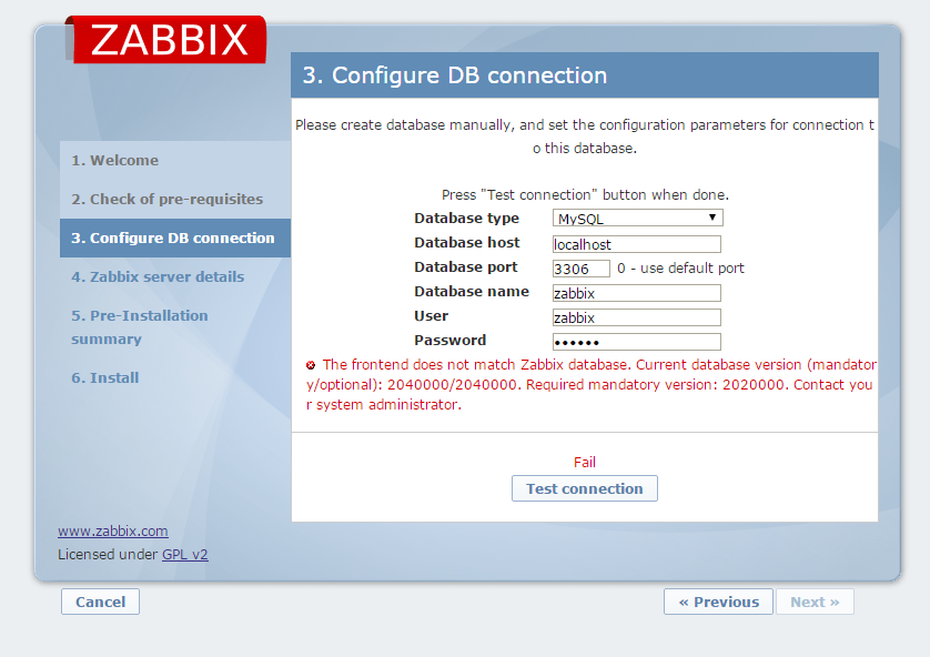 The frontend does not match Zabbix database