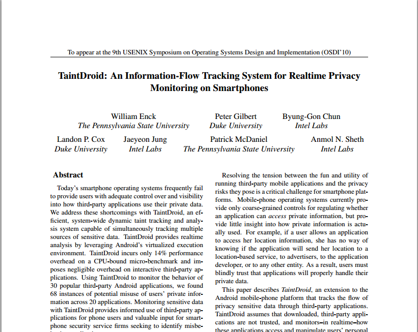 TaintDroid An InformationFlow Tracking System for Realtime Privacy