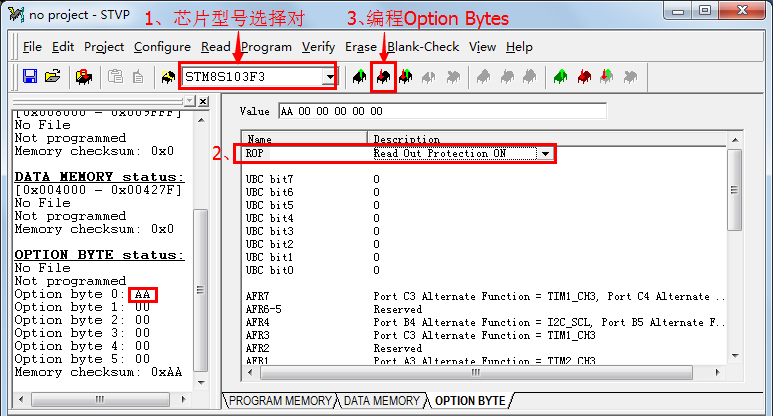 STVP program option bytes