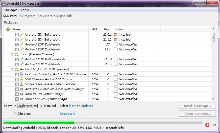 Android SDK Manager窗口,正在下载