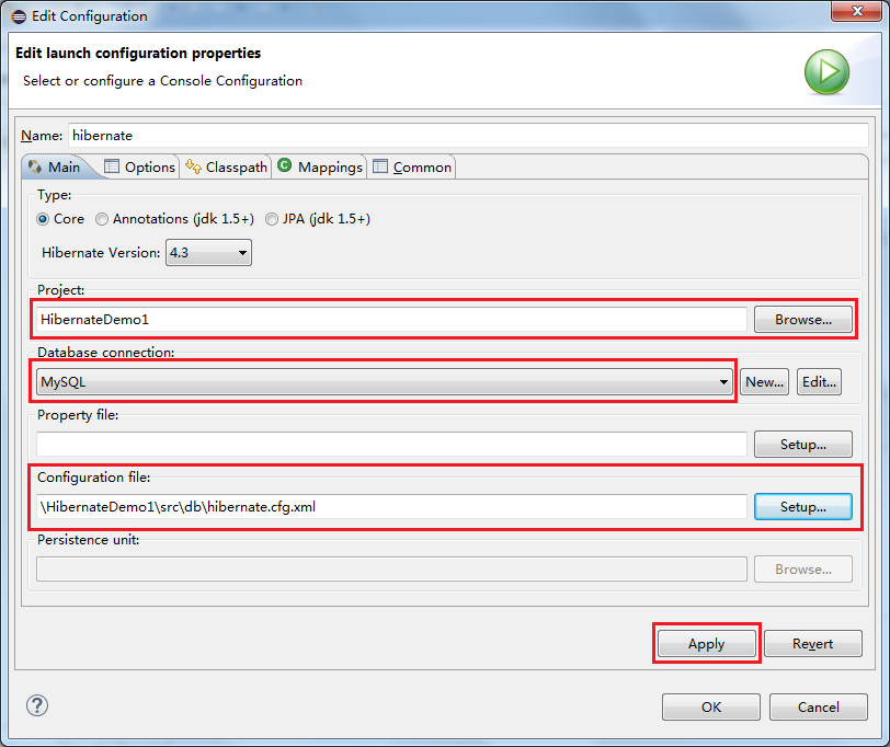 Hibernate Configuration properties添加当前工程的Console Configuration文件