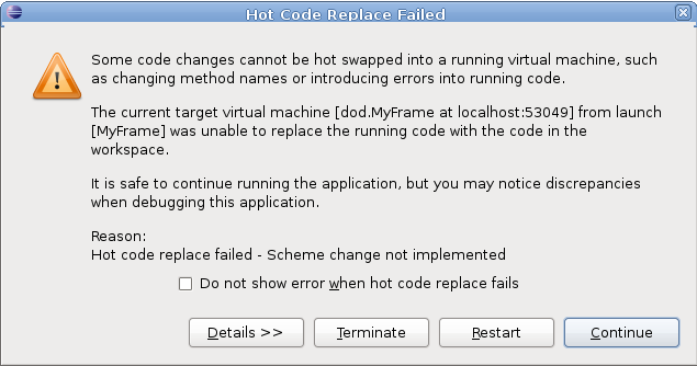 hot code replace failed