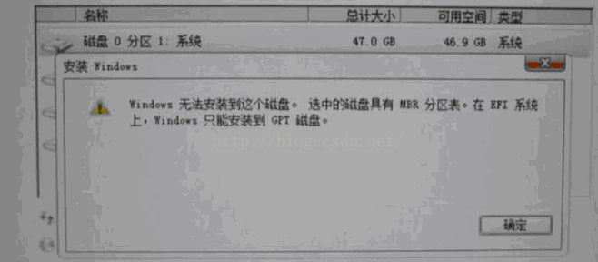 windows 无法安装到这个磁盘,选中的磁盘具有MBR分区表。在EFI系统上，windows只能安装在GPT磁盘上