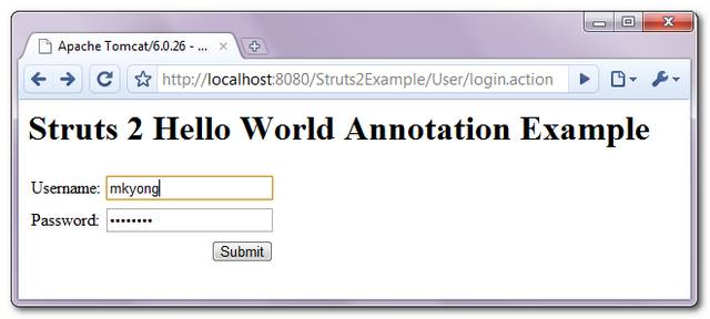 Struts 2 annotation login screen