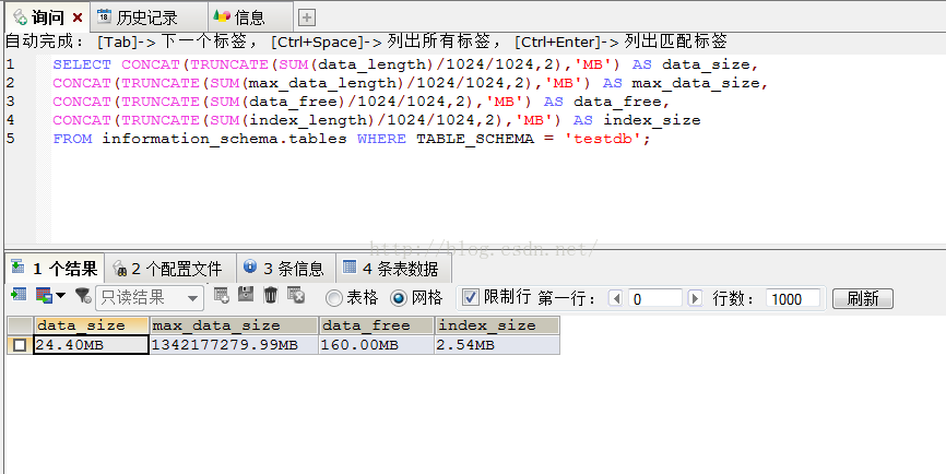 
			
				通过sql语句查看MYSQL表占空间，数据库所占空间			