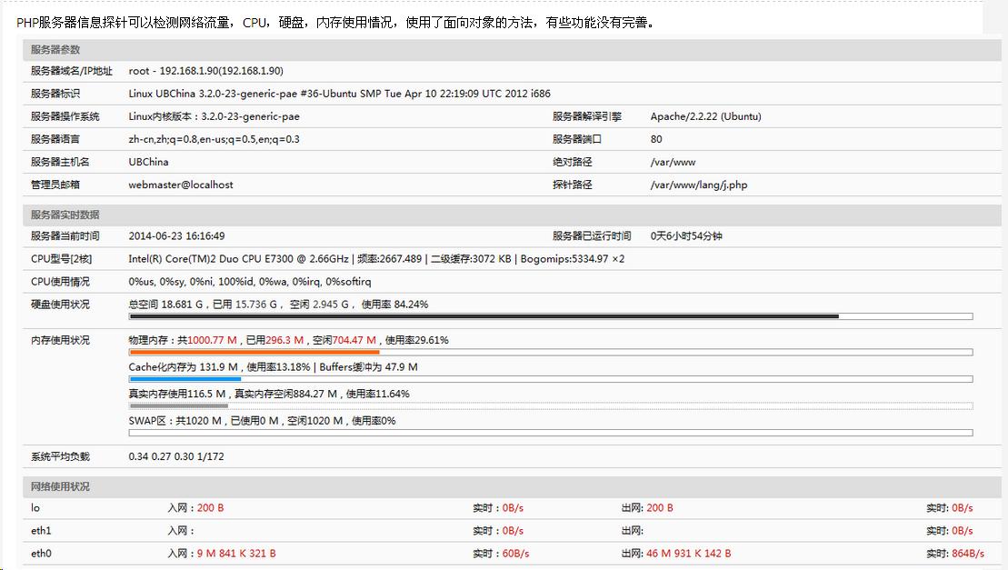 
			
				PHP服务器信息探针可以检测网络流量，CPU，硬盘，内存使用情况，网站管理员必备			