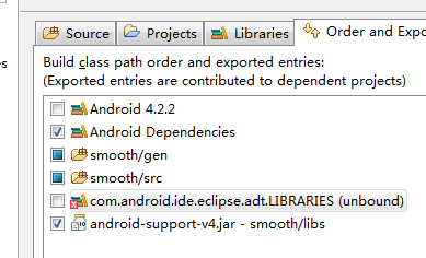 记得给Build class path order中的android-support-v4.jar前面打个对号，如图