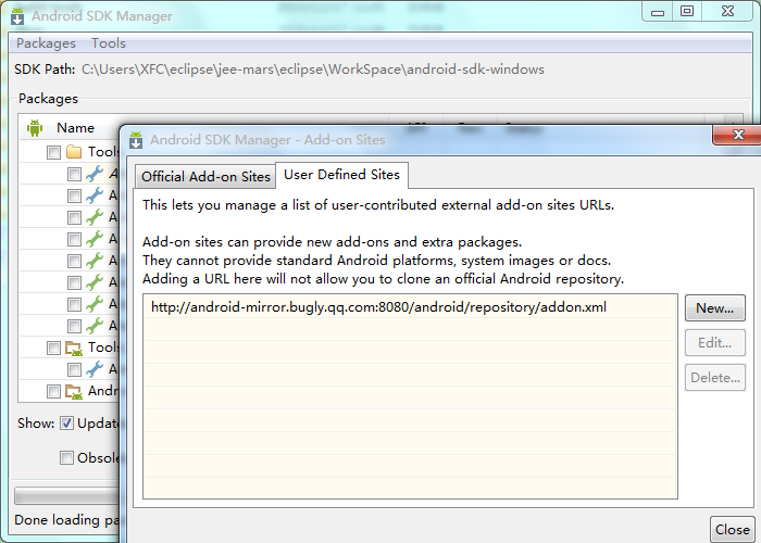 首先在TOOLs中选择Manage add-on site 选择user defined site 将你选择的镜像输入进去即可