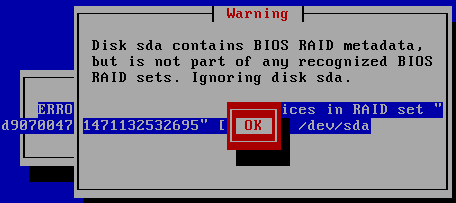CentOS 6.4出现Disk sda contains BIOS RAID metadata解决方法