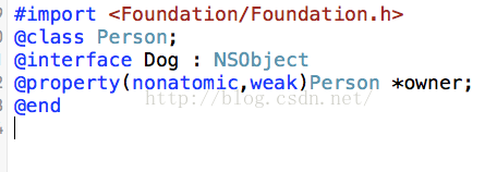 计算机生成了可选文字:#import •oundation/Foundation. cc lass Person• @interface Dog . NSObject ep rope rty ( nonatom ic , weak) Person *owner ; cend 