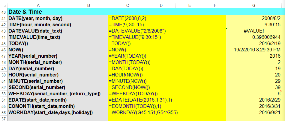 date & time execl functions