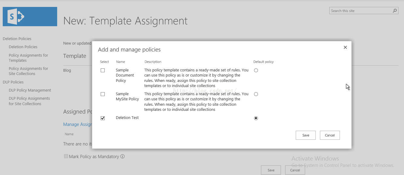 Machine generated alternative text:Deletion Policies Deletion Policies Policy Assignments for Templates Policy Assignments for Site Collections DLP Policies DLP Policy Management DLP Policy Assignments for Site Collections New: Template Assignment Search this site Default policy O O Cancel Cancel New or updat Template Blog Assigned Manage Assi N m e There are n 0 i Add and manage policies 5 e 囗 囗 VI Name Sample Document Sample MySite 吣 I Deletion Test Description This policy template contains a ready made set of 化 le You can use this policy or customlze it by changlng the rules. When ready, assign this policy to site collection templates or to individual site collections This policy template contains a ready made set of 化 le You can use this policy or 0 tom 层 e it by changlng the rules. When ready, assign this policy to site collection templates or to individual site collections Mark Policy Mandatory G) 