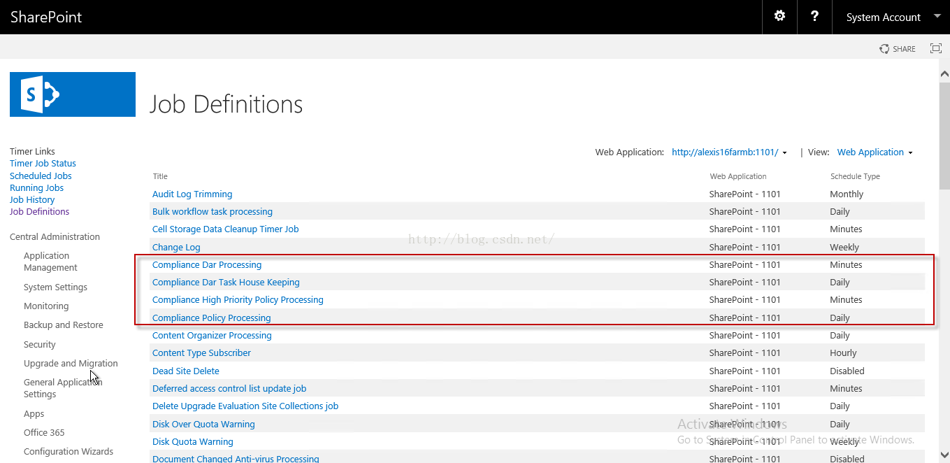 Machine generated alternative text:SharePoint Timer Links Timer Job Status Scheduled Jobs Running 」 Obs Job Hist0ff Job Definitions Central Administration Application Management System Settlngs Momtonng Backup and Restore Security Upgrade and Migration General Appli Settlngs Apps Office 3b5 Configuration Wizards Job Title Definitions Web Application: http://alexisl 6farmb:1101/ Web Application SharePoint 1 101 SharePoint _ 1 101 SharePoint 1 101 ShareP01nt _ 1 101 ShareP01nt _ 1 1 01 SharePoint _ 1 101 SharePoint 1 101 ShareP01nt _ 1 101 ShareP01nt _ 1 1 01 SharePoint _ 1 101 SharePoint 1 101 SharePoint _ 1 101 SharePoint 1 101 Activ ， ha 阳 ， ， nt ， 恤 s System Account SHARE I View: Web Application Schedule Type Monthly Daily Mlnutes weekly Mlnutes Daily Mlnutes D 引 ， D 引 ， Hourly Disabled Mlnutes Daily Daily Audit Log Trimming Bulk workflow task processing Cell Storage Data Cleanup Timer 」 0b Change Log Compliance Dar Processing Compliance Dar Task House Keeplng Compliance High Priority Policy Processing Compliance Policy Processing Content Orgamzer Processlng Content Type Subscriber Dead Site Delete Deferred access control list updatejob Delete upgrade Evaluation Site Collections job Disk Over Quota Waming Disk Quota Waming Document Chanced Anti-virus Processing GO to h 犭 ， Oiht ： 1101 ， 盐 in 巨 to Weeklie Windows. SharePoint _ 1 101 Disabled 