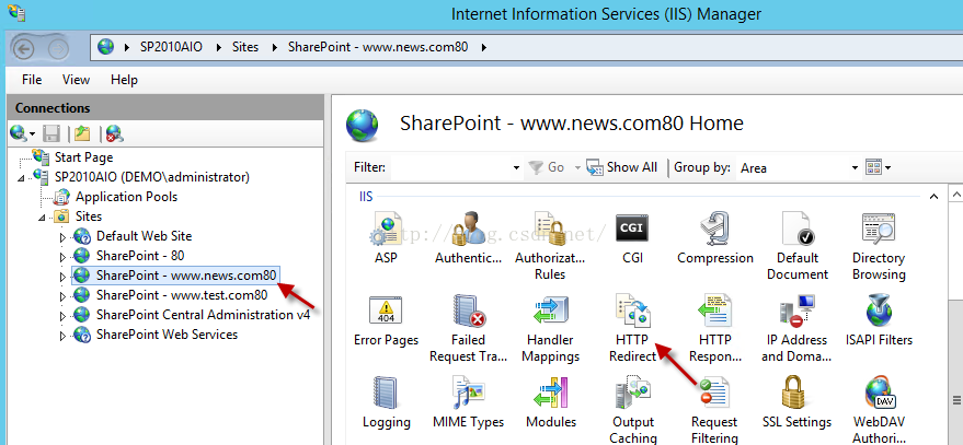 Machine generated alternative text:奁 ， ． 11 ） SP2010AIO View Help Sta Page Sit Internet Informatlon Servlces @$ Manager SharePoint www. n ews 〔 om & 〕 Directory Browsing 乊 ISAPI Filters WebDAV Authori... www.news.com/O Home ， ， Go 丨 丨 Group by: Area SharePoint Filter: Authentic... 叾 Error Pages Fal I ed SP2010AIO (DEMOIadmin1strator) ： 2 Application Pools Sit > 0 Default Web Site > SharePoint & 〕 SharePoint - www.news.com/O > SharePoint www.test 〔 om & 〕 > SharePoint Central Administration v4 > 0 SharePoint Web Services Authorizat... Rules Ha n 引 er Mappings Modules 嗵 Redirect Output Cachi Compression Respon. ． Request Filtering Default Document I P Address and Doma.. SSL Settings Logging Request Tra... MIME Types 
