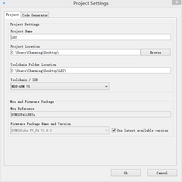 點選選單欄的*Project*->*Settings*，輸入STM32CubeMX工程名稱、儲存路徑以及自己的工具鏈/整合編譯環境，*Code Generator*中的設定保持預設，然後點選*OK*