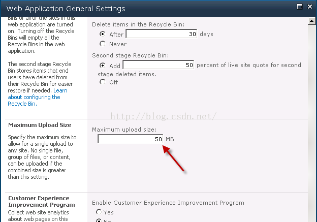 Machine generated alternative text:Web Application General Settings web application are turned on. Turning 0 阡 十 R 〔 y 〔 Bins will empty 副 十 R 〔 y 〔 Bins in 十 web application I The second Stage R 〔 y 〔 Bin stores items 十 甙 end users have d d From 十 r R 〔 y 〔 Bin For easier — needed. about configuring 十 R 〔 y 〔 Bin. Maximum Upload Size Specify 十 maximum Size 副 ow For a single upload any Site. 、 0 Single File, group Fi or 〔 on n can uploaded if 十 combined than 十 setting. Improvement Program CO 〔 web Site analytics about web pages on 十 D 引 t. items i n the Recycle a i n: 、 v r S CO n d Stage Recycle a i n: A d d 「 ． ． ． ． ． ． ． ． ． ． ． ． ． ． ． ． ． ． ． ． ． ． ． ． ． ． ． ． 一 ． percent Of I i V Site quota for S CO n d Stage d 引 t d ite m S ． off 卜 1 a X i 「 n u 「 n upload S i Z ： E n a b C u Sto m r Experience Improvement Program 丫 s 