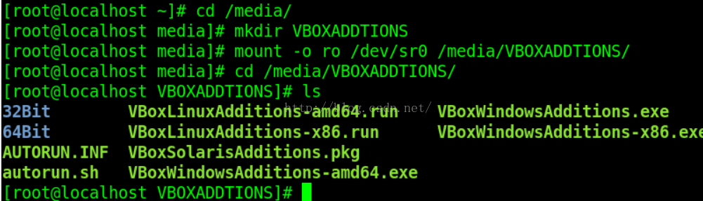 计算机生成了可选文字:【root@localhost一』＃cd/media/【root@localhostmedia]#mkdirVBOXADDTIONS【root@localhostmedia】＃mount一0ro/dev/sro/media/VBOXADDTIONS/【root@localhostmedia】＃cd/media/VBOXADDTIONS/【root@localhostVBOXADDTIONS]#1532BitVBoxLinuxAdditions一amd64.runVBoxwindowsAdditions.exe64BitVBoxLinuxAdditions一x86.runVBoxwindowsAdditions一x86.exAUTORUN.INFVBoxsolarisAdditions.pkgautorun.shVBox树indowsAdditionS·amd64.exe【rootOlocalhostVBOXADDTIONS]#.
