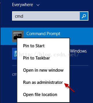 Machine generated alternative text:Everywhere cmd Command Prompt Pin to Start Wlndows Pin to Taskbar Open in new window Run as administrator Open file location 