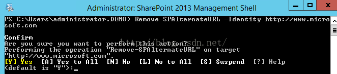 Machine generated alternative text:Admlnlstrator: SharePoint 2013 Management Shell S C ： XU s e rs Xadm in is t rat 0 ' ． ． DEMO > Re " 0 u e —S PR It e en at e U —Identity http://www.micro 0 f t ． C 0 0 n f 0 u S 0 u t 0 t h is t n ？ erforming t he operation 0 e —S PR It e at e U " ． iC FO S f t ． C 0 ' [ Y ] Y e s [ R ] Y e s t 0 R I I [ N ] No [ ] No t 0 R I I （ de f au It is ' 、 " ） ： [ S ] target Suspend [ ？ ] Help 